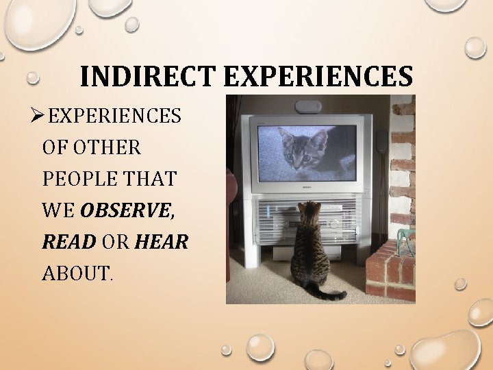 INDIRECT EXPERIENCES ØEXPERIENCES OF OTHER PEOPLE THAT WE OBSERVE, READ OR HEAR ABOUT. 