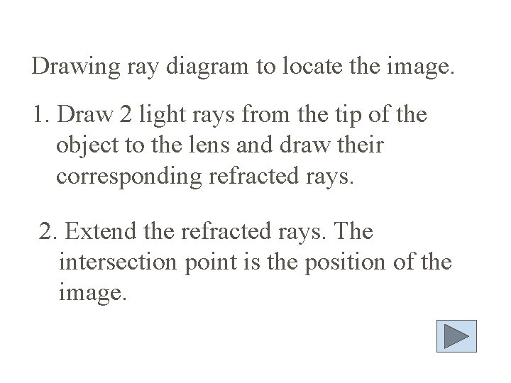 Drawing ray diagram to locate the image. 1. Draw 2 light rays from the
