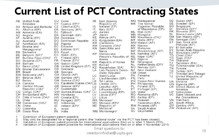 Current List of PCT Contracting States Email questions to: inventorinfochat@uspto. gov 19 Current List of PCT Contracting States Email questions to: inventorinfochat@uspto. gov 19