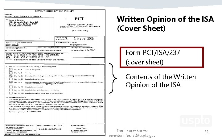 Written Opinion of the ISA (Cover Sheet) Form PCT/ISA/237 (cover sheet) Contents of the Written Opinion of the ISA (Cover Sheet) Form PCT/ISA/237 (cover sheet) Contents of the