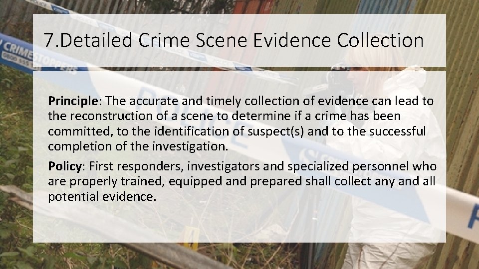 7. Detailed Crime Scene Evidence Collection Principle: The accurate and timely collection of evidence