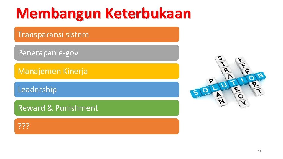 Membangun Keterbukaan Transparansi sistem Penerapan e-gov Manajemen Kinerja Leadership Reward & Punishment ? ?