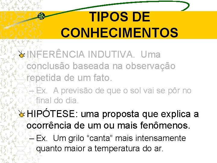 TIPOS DE CONHECIMENTOS INFERÊNCIA INDUTIVA. Uma conclusão baseada na observação repetida de um fato. TIPOS DE CONHECIMENTOS INFERÊNCIA INDUTIVA. Uma conclusão baseada na observação repetida de um fato.