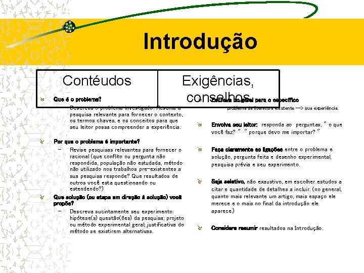 Introdução Contéudos Exigências, Escreva do geral para o específico conselhos Que é o problema? Introdução Contéudos Exigências, Escreva do geral para o específico conselhos Que é o problema?
