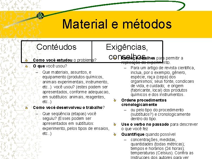 Material e métodos Contéudos Exigências, Forneça detalhes para permitir a conselhos Como você estudou Material e métodos Contéudos Exigências, Forneça detalhes para permitir a conselhos Como você estudou