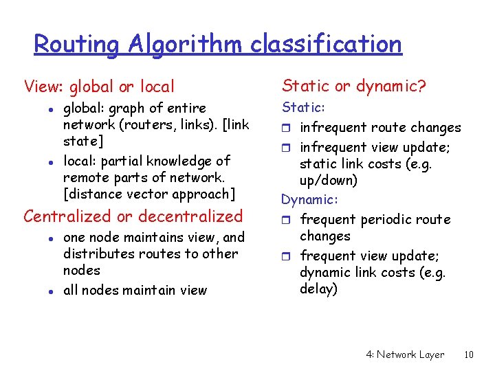 Routing Algorithm classification View: global or local l l global: graph of entire network