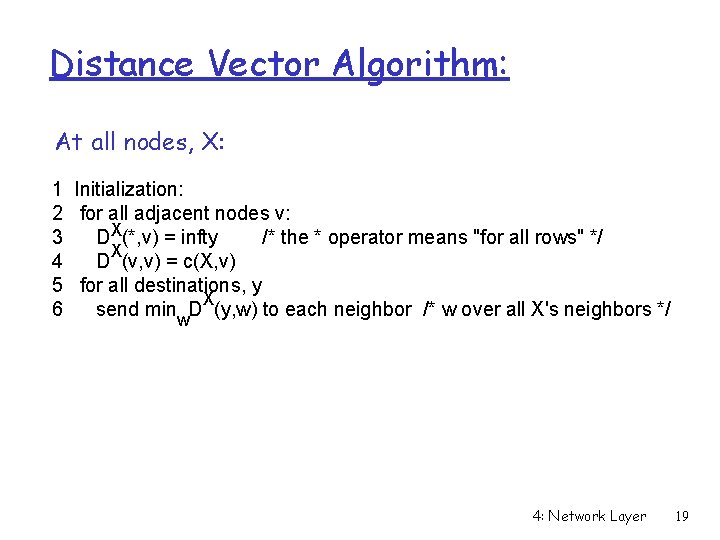 Distance Vector Algorithm: At all nodes, X: 1 Initialization: 2 for all adjacent nodes