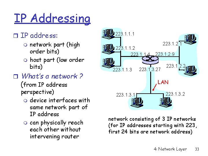 IP Addressing r IP address: m network part (high order bits) m host part