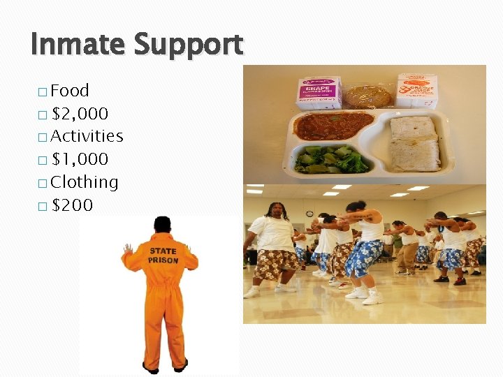 Inmate Support � Food � $2, 000 � Activities � $1, 000 � Clothing