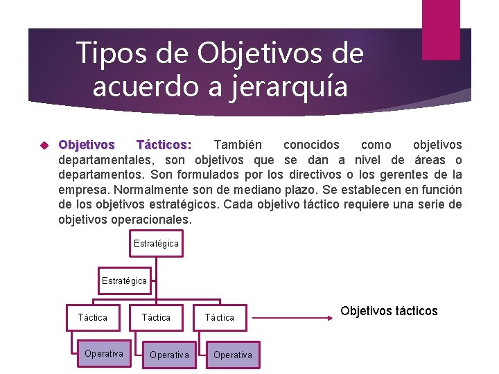 Tipos de Objetivos de acuerdo a jerarquía Objetivos Tácticos: También conocidos como objetivos departamentales,