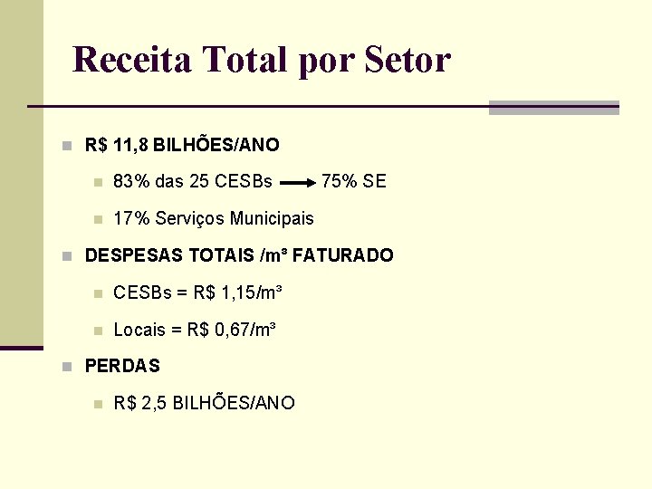 Receita Total por Setor n R$ 11, 8 BILHÕES/ANO n 83% das 25 CESBs