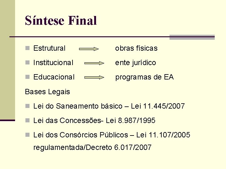 Síntese Final n Estrutural obras físicas n Institucional ente jurídico n Educacional programas de