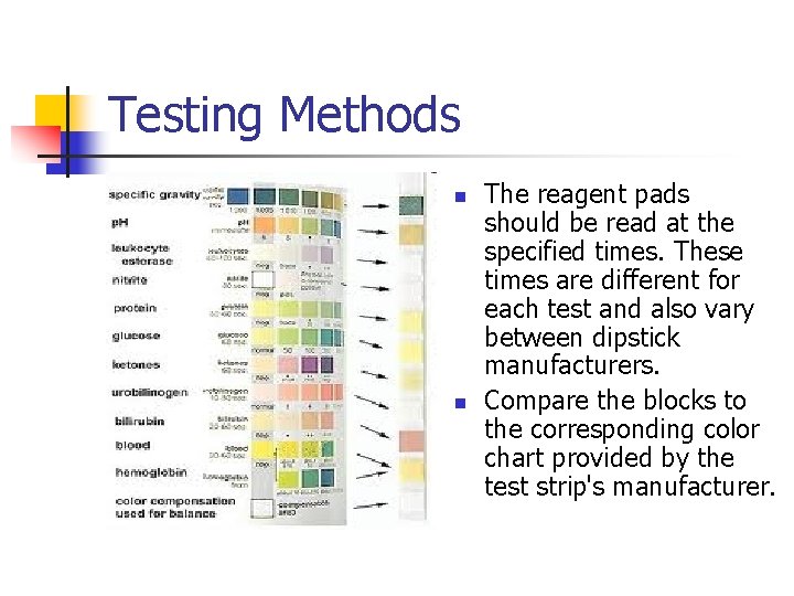 Testing Methods n n The reagent pads should be read at the specified times.