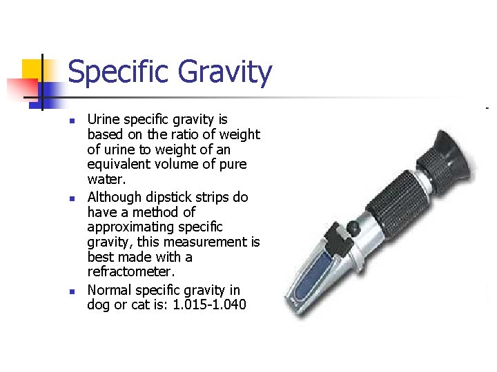 Specific Gravity n n n Urine specific gravity is based on the ratio of