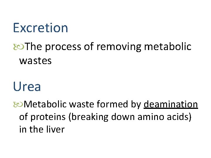 Excretion The process of removing metabolic wastes Urea Metabolic waste formed by deamination of