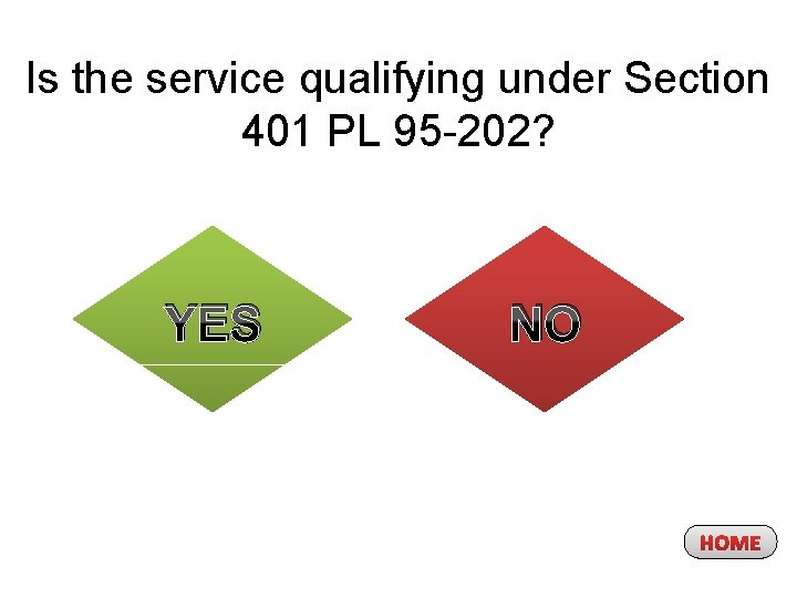 Is the service qualifying under Section 401 PL 95 -202? YES NO HOME 