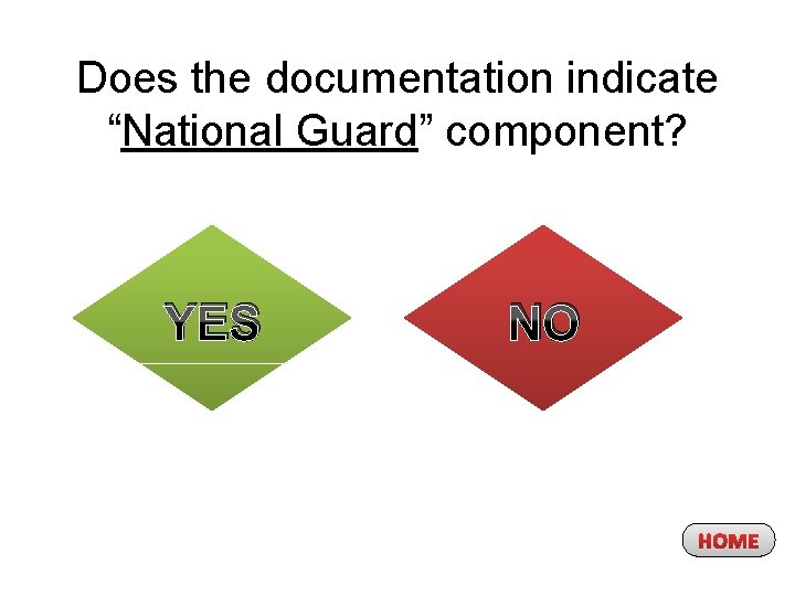 Does the documentation indicate “National Guard” component? YES NO HOME 