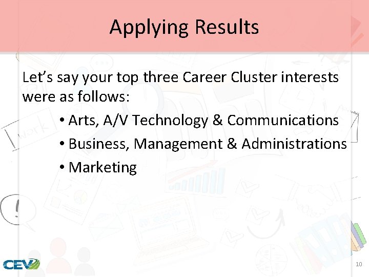 Applying Results Let’s say your top three Career Cluster interests were as follows: •
