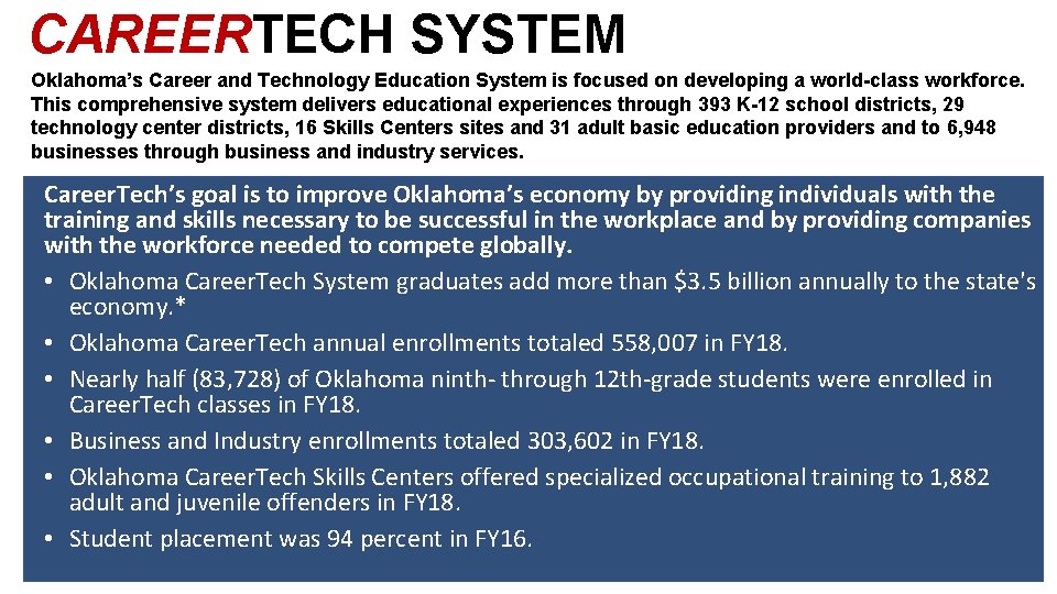 CAREERTECH SYSTEM Oklahoma’s Career and Technology Education System is focused on developing a world-class