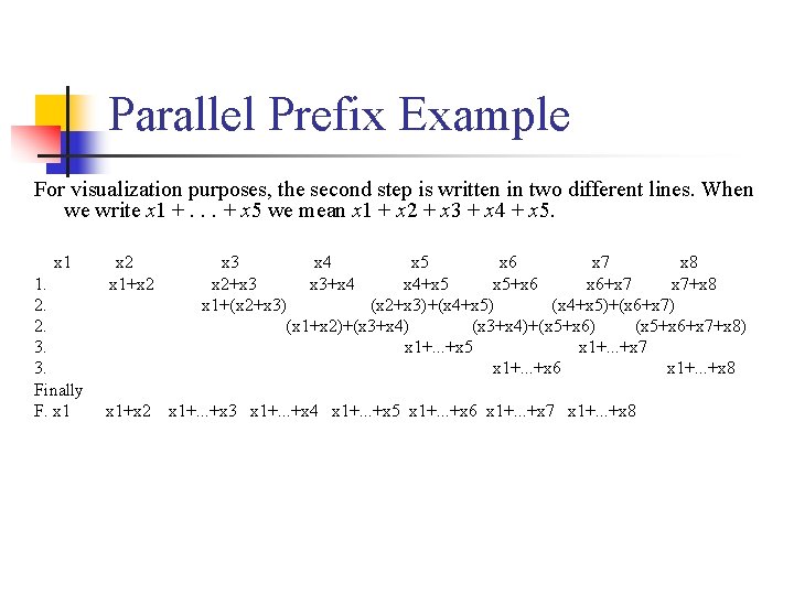 Parallel Prefix Example For visualization purposes, the second step is written in two different