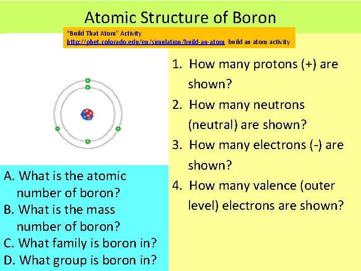 Atomic Structure of Boron “Build That Atom” Activity http: //phet. colorado. edu/en/simulation/build an atom