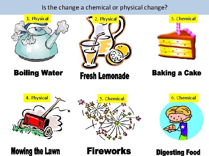 Is the change a chemical or physical change? 1. Physical 4. Physical 2. Physical