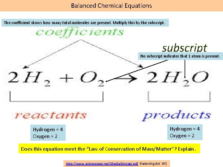 Balanced Chemical Equations The coefficient shows how many total molecules are present. Multiply this