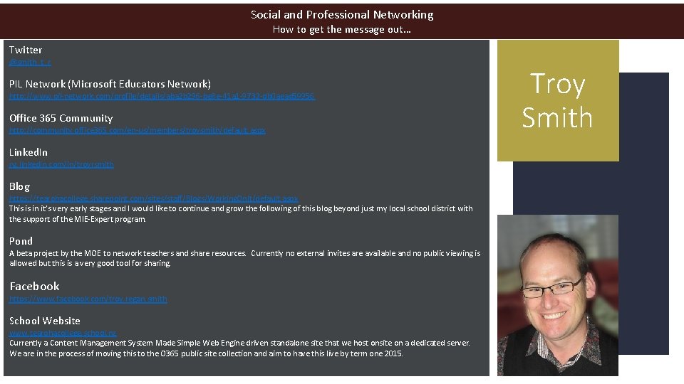 Social and Professional Networking How to get the message out… Twitter @smith_t_r PIL Network