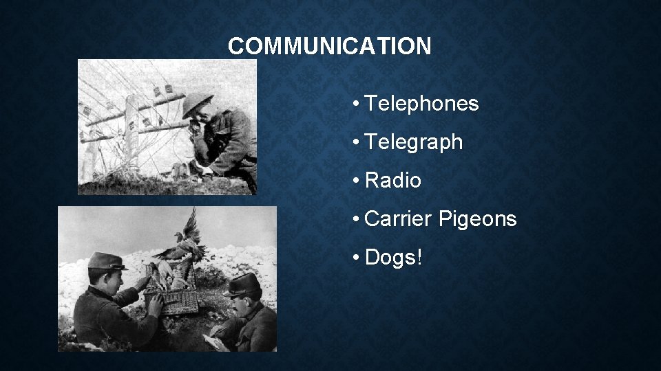 COMMUNICATION • Telephones • Telegraph • Radio • Carrier Pigeons • Dogs! 