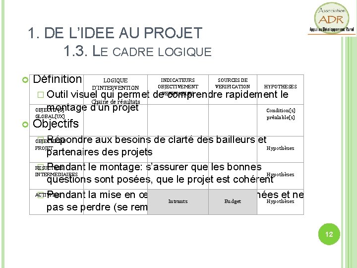 1. DE L’IDEE AU PROJET 1. 3. LE CADRE LOGIQUE Définition � Outil LOGIQUE