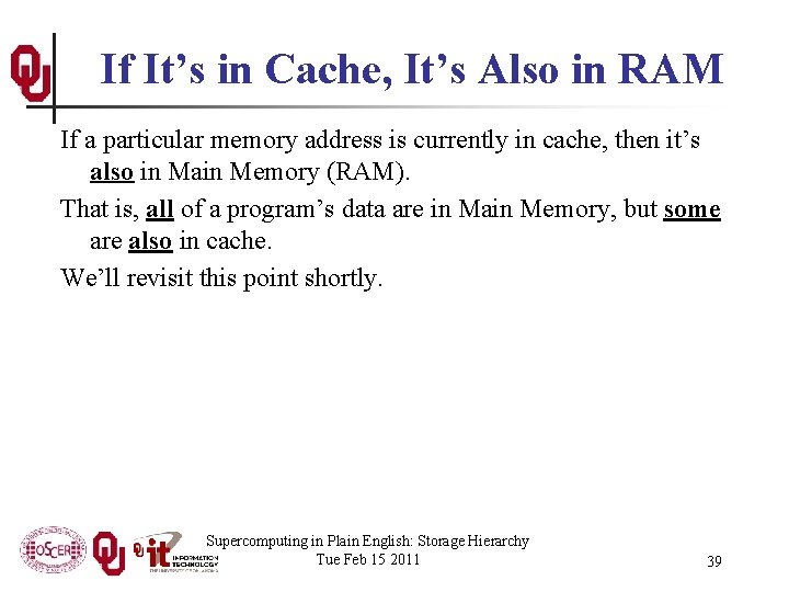 If It’s in Cache, It’s Also in RAM If a particular memory address is