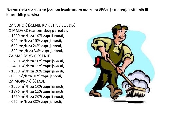 Norma radnika po jednom kvadratnom metru za čišćenje-metenje asfaltnih ili betonskih površina ZA SUHO