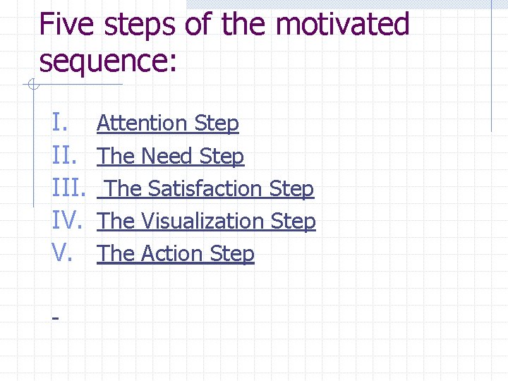 Five steps of the motivated sequence: I. III. IV. V. - Attention Step The