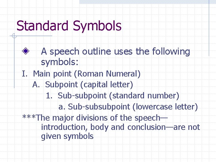 Standard Symbols A speech outline uses the following symbols: I. Main point (Roman Numeral)