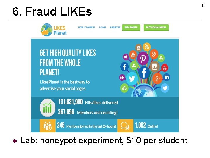 6. Fraud LIKEs l Lab: honeypot experiment, $10 per student 14 6. Fraud LIKEs l Lab: honeypot experiment, $10 per student 14