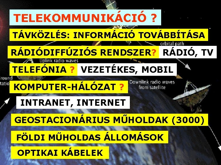 TELEKOMMUNIKÁCIÓ ? TÁVKÖZLÉS: INFORMÁCIÓ TOVÁBBÍTÁSA RÁDIÓDIFFÚZIÓS RENDSZER? RÁDIÓ, TV TELEFÓNIA ? VEZETÉKES, MOBIL KOMPUTER-HÁLÓZAT