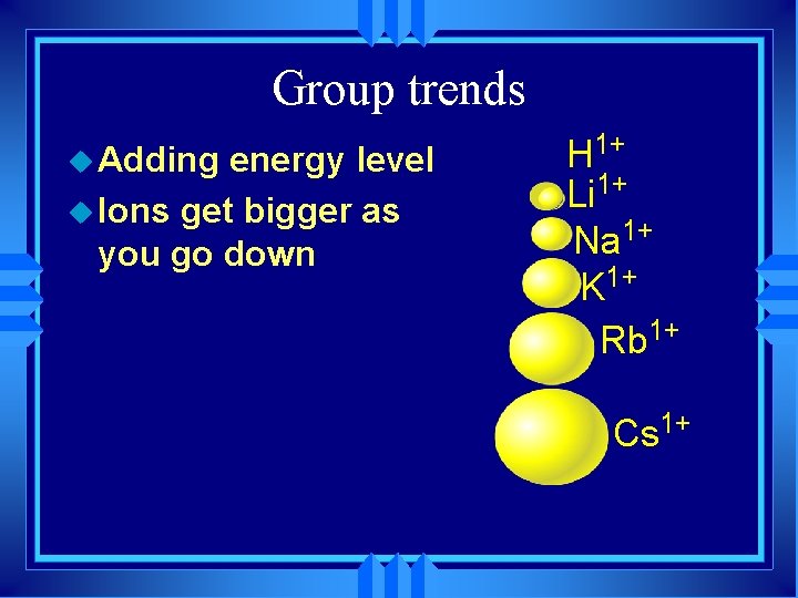Group trends u Adding energy level u Ions get bigger as you go down
