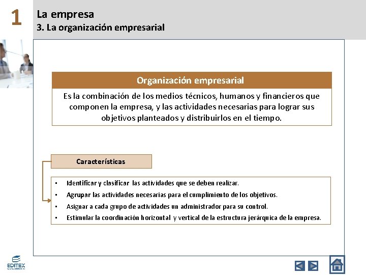 1 La empresa 3. La organización empresarial Organización empresarial Es la combinación de los