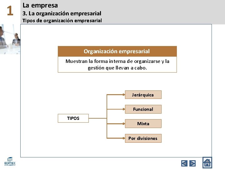 1 La empresa 3. La organización empresarial Tipos de organización empresarial Organización empresarial Muestran