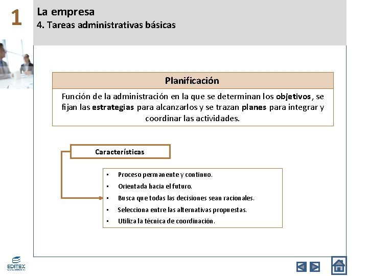 1 La empresa 4. Tareas administrativas básicas Planificación Función de la administración en la