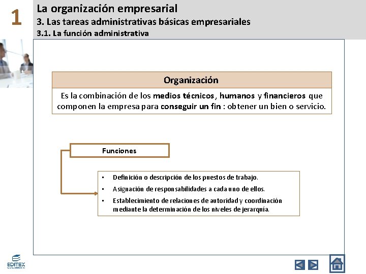 1 La organización empresarial 3. Las tareas administrativas básicas empresariales 3. 1. La función