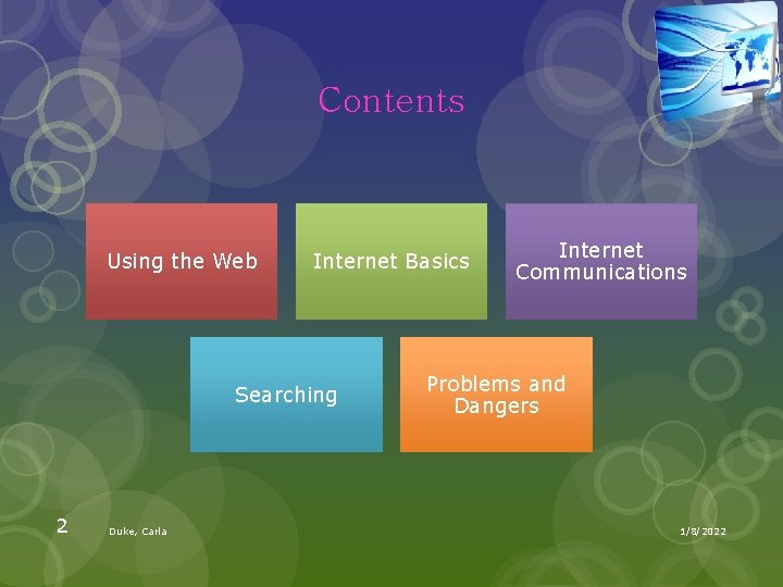 Contents Using the Web Internet Basics Searching 2 Duke, Carla Internet Communications Problems and
