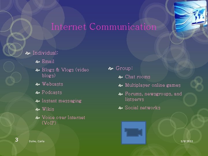 Internet Communication Individual: Email Blogs & Vlogs (video blogs) Group: Chat rooms Webcasts Multiplayer