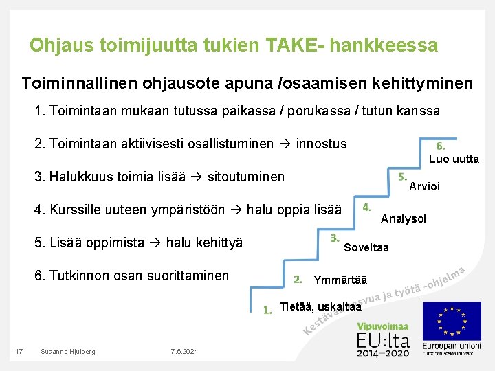 Ohjaus toimijuutta tukien TAKE- hankkeessa Toiminnallinen ohjausote apuna /osaamisen kehittyminen 1. Toimintaan mukaan tutussa