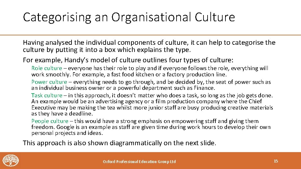 Categorising an Organisational Culture Having analysed the individual components of culture, it can help