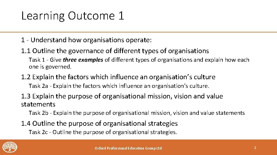 Learning Outcome 1 1 - Understand how organisations operate: 1. 1 Outline the governance