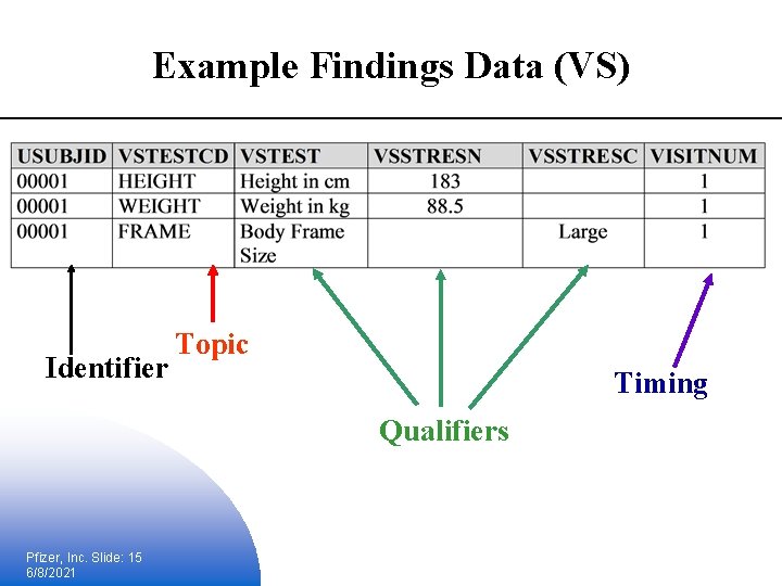 Example Findings Data (VS) Identifier Topic Timing Qualifiers Pfizer, Inc. Slide: 15 6/8/2021 