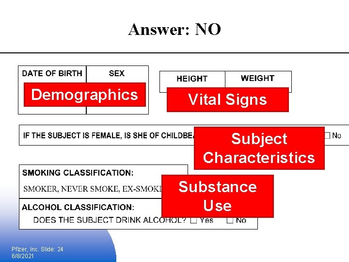 Answer: NO Demographics Vital Signs Subject Characteristics Substance Use Pfizer, Inc. Slide: 24 6/8/2021