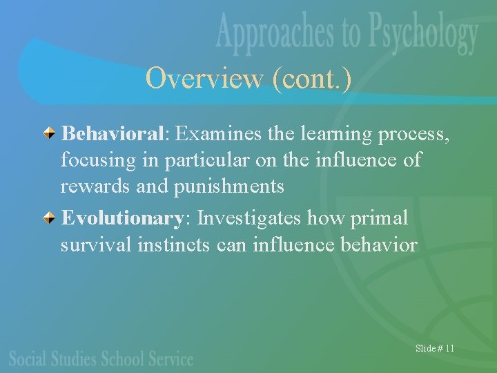 Overview (cont. ) Behavioral: Examines the learning process, focusing in particular on the influence