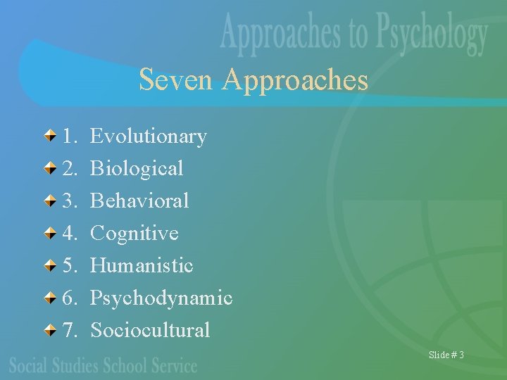 Seven Approaches 1. 2. 3. 4. 5. 6. 7. Evolutionary Biological Behavioral Cognitive Humanistic